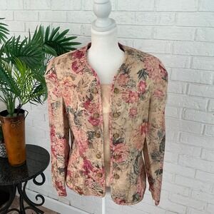 Classics by Leslie Fay Blazer Top Women 14 Petite Pink Excellent Floral Tapestry